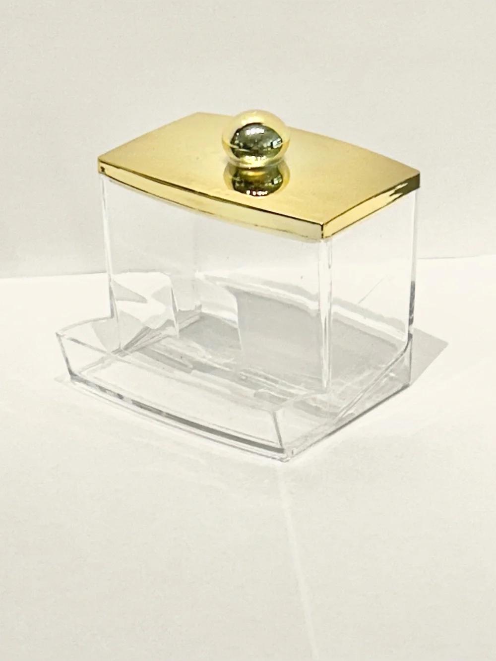 Clear Acrylic Cotton Swab Holder for Bathroom Organization with Gold Top EUC OBO
